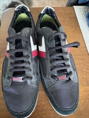 BOSS Black Sneakers with Red and White Stripes